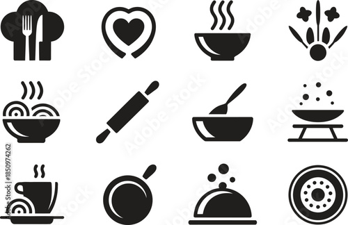 Cooking and Kitchen Silhouette Icon Set, Food Preparation Utensils and Meals, Minimal Vector Illustration