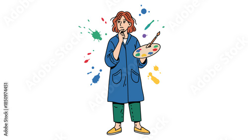 Artist holding palette and brush with paint splatters.