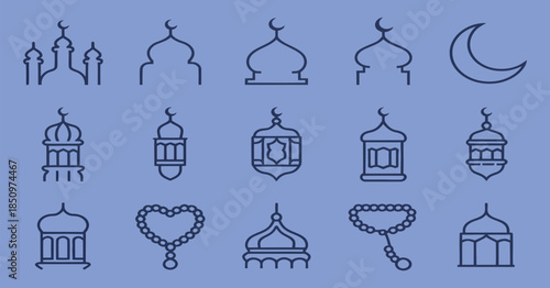 decorative line art icon set featuring Ramadan symbols including mosque domes, crescent moon, lanterns, prayer beads, and stars for Islamic religious design projects.