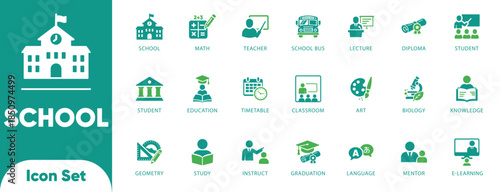 School and education vectors. Features bus, math, art, and biology symbols. Ideal for learning apps, school websites, and student portals.