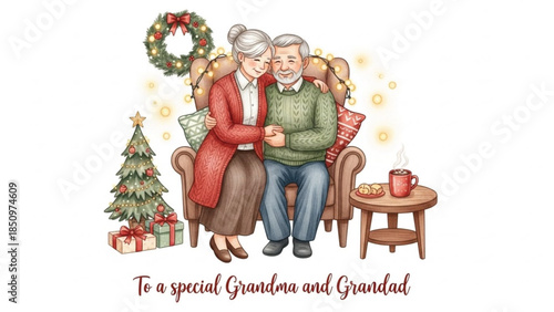 Watercolor Christmas Illustration of Happy Grandparents Sitting Together Cozy Holiday Family Scene