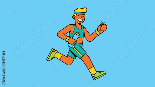 Athletic man running with water bottle and apple.