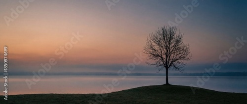 Lone tree by lake at twilight with colorful sky