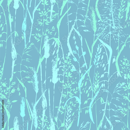Hand drawnwild plant seamless pattern in green color. Meadow ear grass, timothy, oat, wheat ears, fowl, foxtail, couch-grass. Decorative background for organic eco product