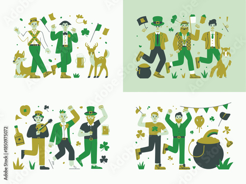 Two men in green attire, one with a fiddle, walk with a deer, celebrating Irish culture