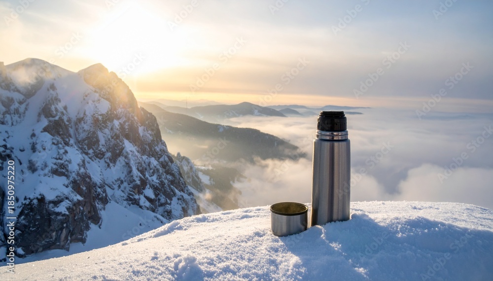 Fototapeta premium Warm drink sits on snow-covered mountain as sun rises over distant peaks and fog