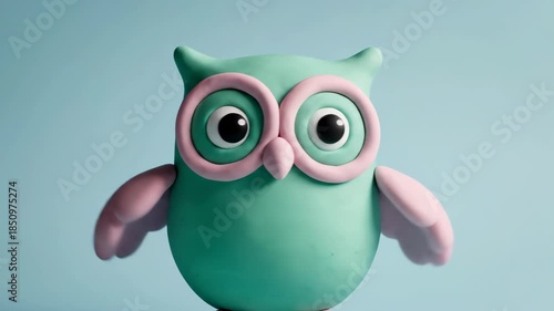 Cute Clay Owl with Big Eyes and Pink Accents on a Light Blue Background.