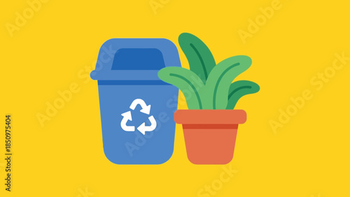 Blue recycling bin next to a potted green plant.