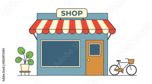 Small shop building with a red striped awning