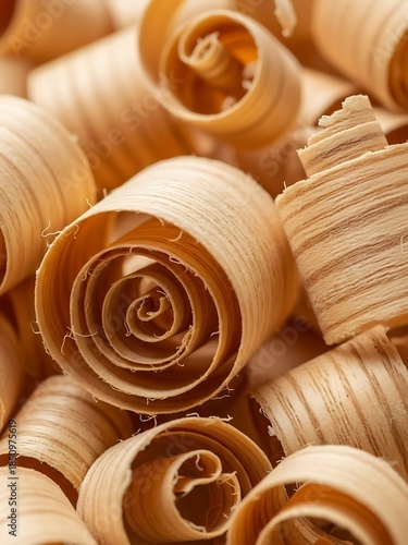 Macro View of Curled Wood Shavings, Showing Texture and Grain Detail