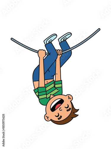 Boy hanging upside down from a wire with a happy expression.