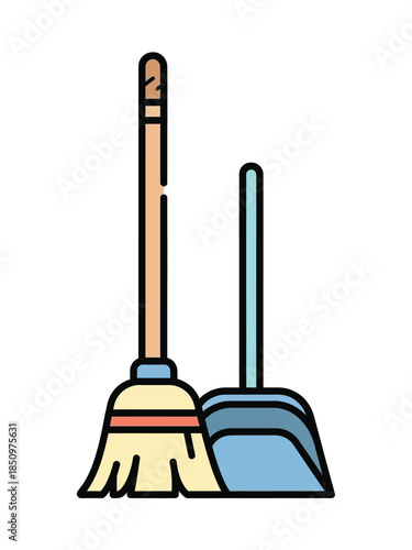 Broom and Dustpan Icon Set for Cleaning Services.