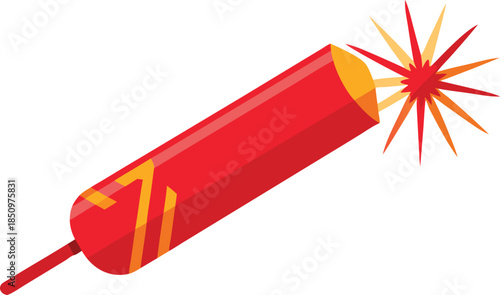 Bright red firecracker exploding with sparks on white background