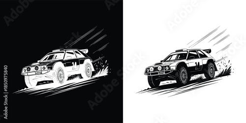 Dynamic rally car speeding through a dirt track, isolated on white background, capturing the excitement and adrenaline of motorsports competition