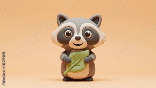 Cute Clay Raccoon Holding a Leaf on a Minimalist Background.