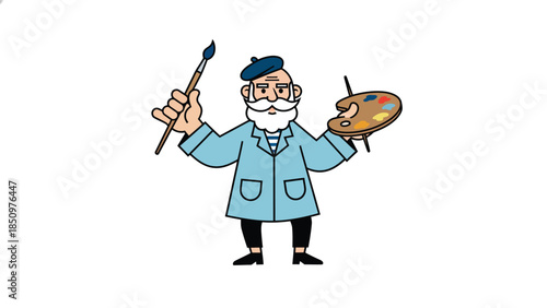 Cartoon artist with paintbrush and palette ready to paint.