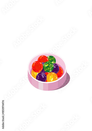 Vibrant star shaped candies in pink bowl on black background