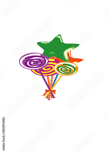 Colorful swirly lollipops and star candy on black background