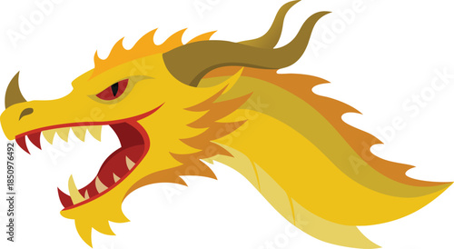 Fierce golden dragon head with open mouth and sharp teeth
