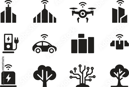 Smart Technology Silhouette Icon Set, Industry Automation Drone Energy Data Vector Illustration