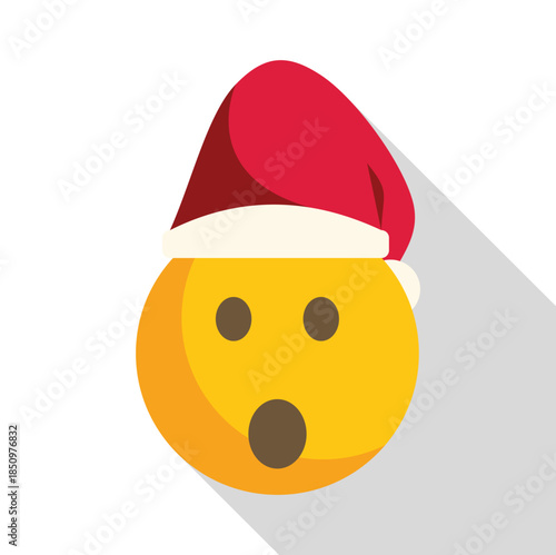 Yellow christmas emoji wearing a santa hat with a surprised facial expression conveying amazement and wonder during the holiday season