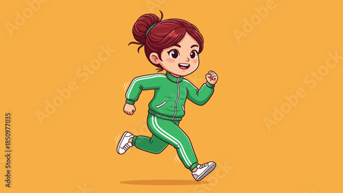 Cartoon Girl Running in Green Tracksuit with Enthusiasm.