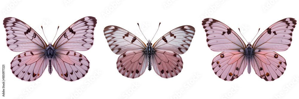 Fototapeta premium Three pink butterflies with black spots isolated on transparent background
