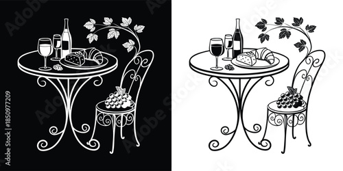 Elegant table setting with wine, bread, and grapes, creating a cozy and inviting atmosphere, perfect for a romantic dinner or a casual gathering