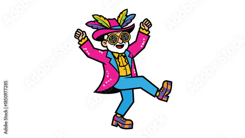 Cartoon man in flamboyant costume dancing with joy.
