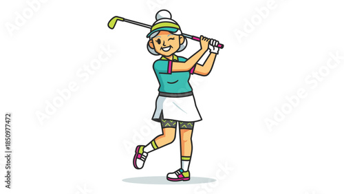 Cartoon Woman Golfer Swinging Club During Game.