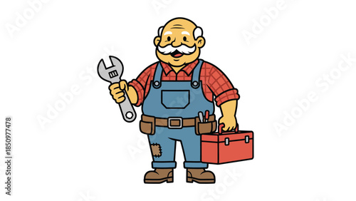 Cartoon Plumber Man Holding Wrench and Toolbox.