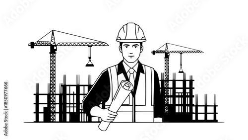Flat vector illustration of construction engineer wearing helmet and safety vest, holding blueprint, urban construction background simplified, clean professional style, isolated vector