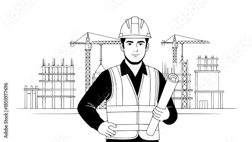 Flat vector illustration of construction engineer wearing helmet and safety vest, holding blueprint, urban construction background simplified, clean professional style, isolated vector