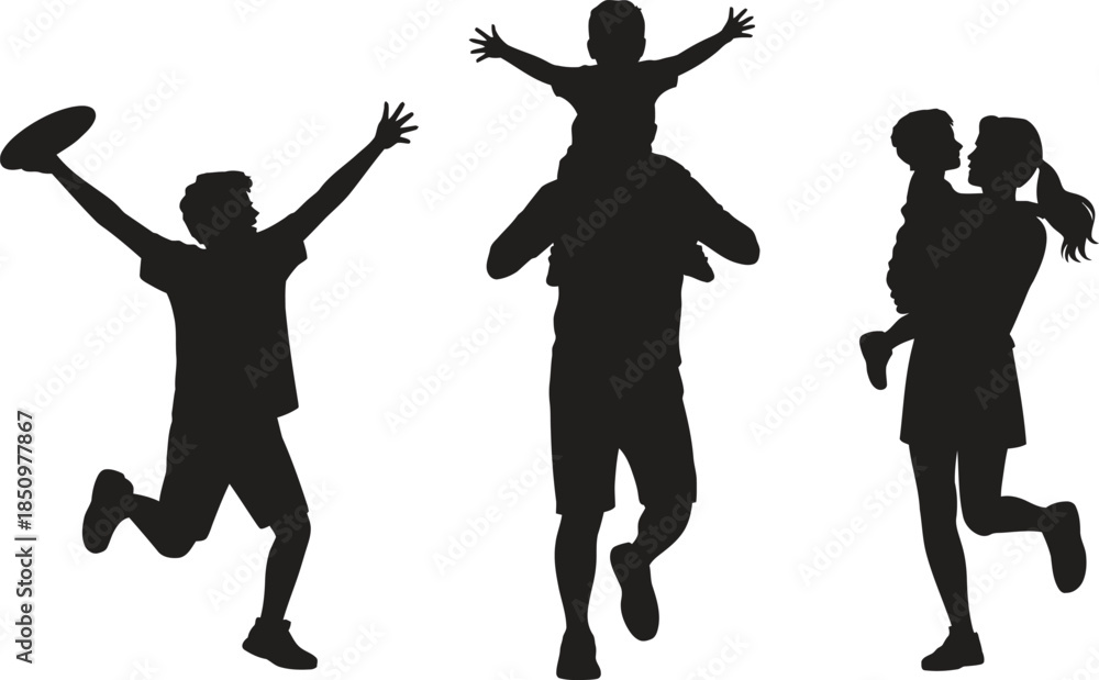 Fototapeta premium Happy Family Jumping Silhouette Illustration, Parents and Children Celebrating Together, Black Vector Design