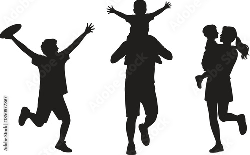 Happy Family Jumping Silhouette Illustration, Parents and Children Celebrating Together, Black Vector Design