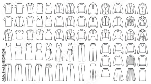 Large collection of women's clothing technical sketches showing various styles of tops, pants, dresses, and jackets in a black and white line art illustration for fashion design