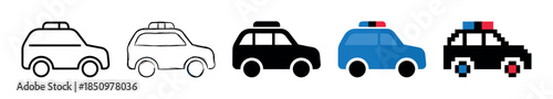 Collection of police car vector icons showing different design styles from simple outline and silhouette to colorful flat design and retro pixel art illustration