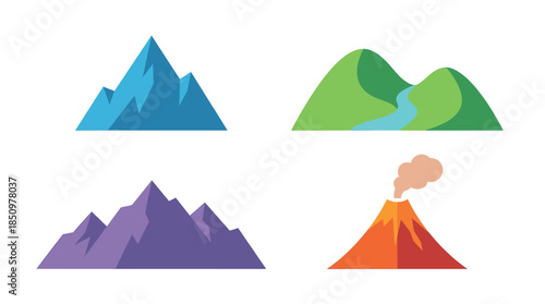 Set of four colorful mountain icons including a rocky peak, green hills with a river, a purple range, and an erupting volcano in a flat minimalist vector illustration style