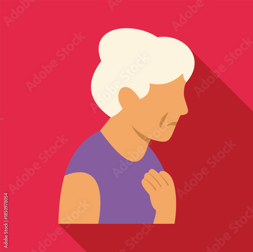Elderly woman clutching her chest indicating pain, sadness, or heartache on a red background