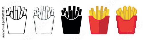 French fries icons in a red carton presented in a collection of five different graphic styles including line art, sketch, solid silhouette, flat design, and 8-bit pixel art