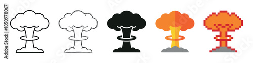 Set of nuclear explosion mushroom cloud icons in various graphic design styles like outline, sketch, silhouette, flat, and pixel art vector illustrations