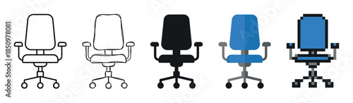 Set of office chair icons in various design styles including clean line art, hand-drawn sketch, solid silhouette, flat color, and retro pixel art for graphic design