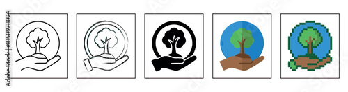 Set of five environmental conservation icons showing a hand holding a tree inside a globe, rendered in various graphic styles like line art, flat design, silhouette, and pixel art