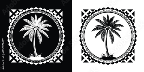 Tropical palm tree in a decorative circle frame, perfect for summerthemed designs and vacationrelated projects isolated on white background