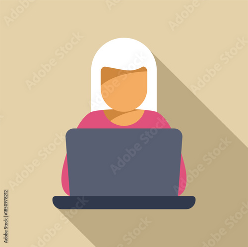 Woman with white hair working on laptop computer, flat design illustration with long shadow