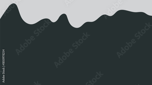 Black and white vector illustration of a mountain landscape with rolling hills and mist under a cloudy sky featuring a sun and horizon over the ocean waves