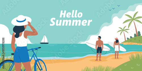 Beach Vacation Scene with Surfing Couple and Woman Relaxing by Bike Vector