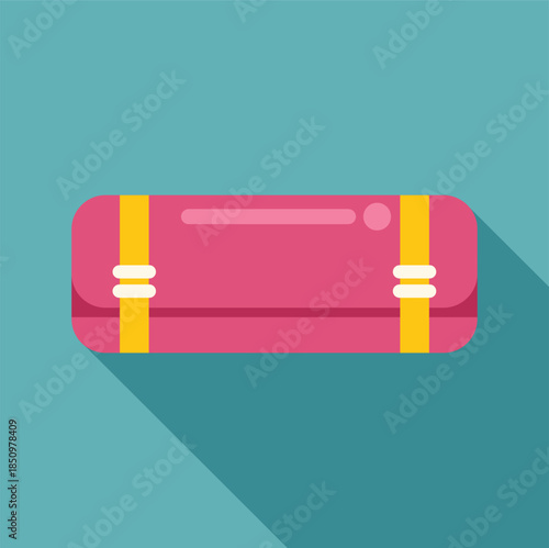 Rolled up pink camping mattress with yellow straps isolated on turquoise background