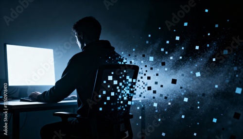 Hacker Wallpaper Background: Silhouette of a man coding on a glowing computer screen, digital data dissolving into abstract squares, high-tech concept with copy space for modern design.