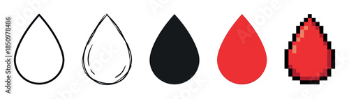 Collection of five droplet icons in various artistic styles including a simple outline, hand-drawn sketch, solid black silhouette, flat red shape, and a retro 8-bit pixel art version